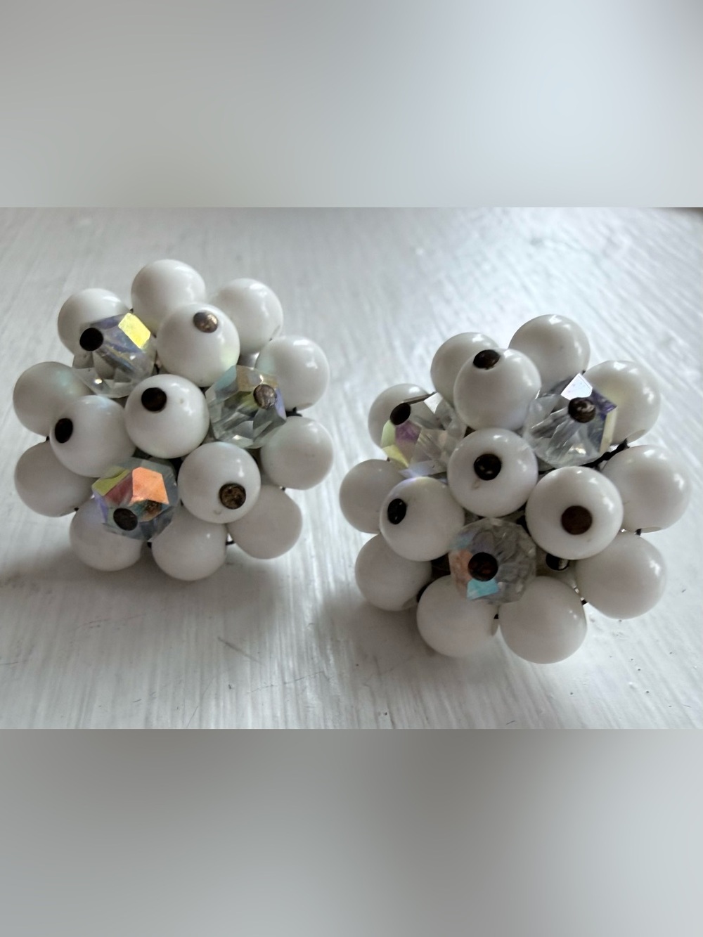 Milk glass & Aurora Borealis Cluster Beaded pierced Earrings vintage